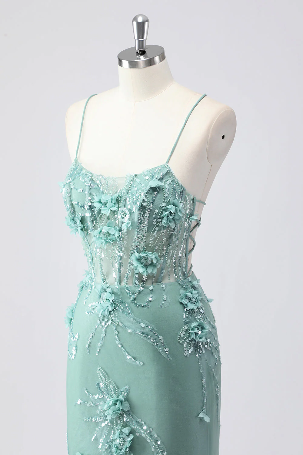Robe de bal sirène longue en tulle bleu bustier à bretelles fines avec fleurs en relief - Image 15