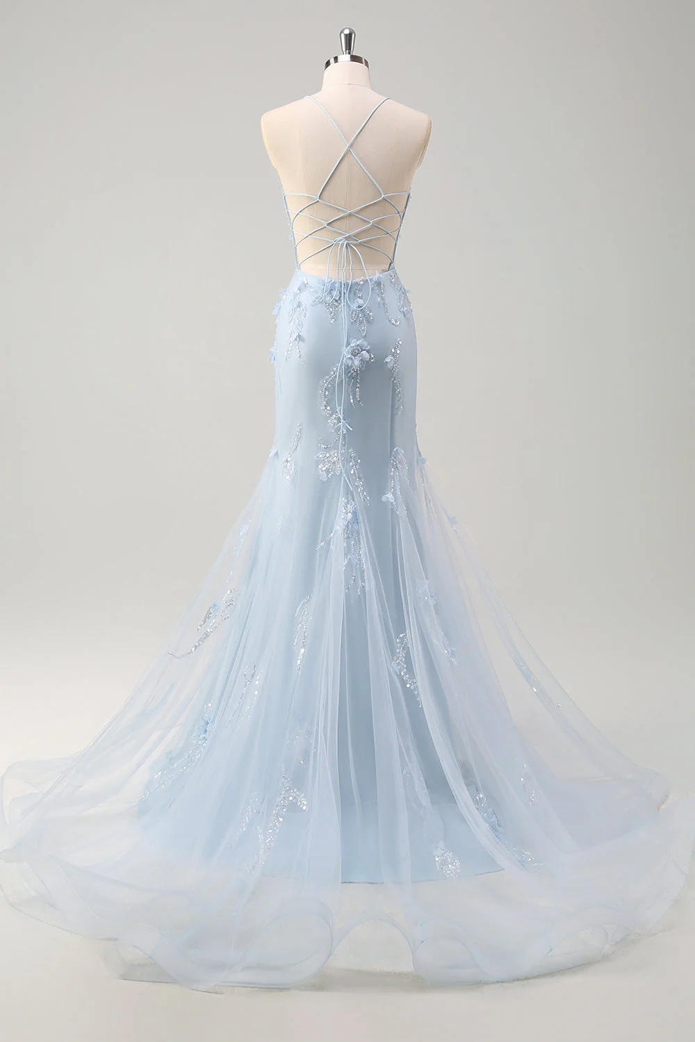Robe de bal sirène longue en tulle bleu bustier à bretelles fines avec fleurs en relief - Image 2