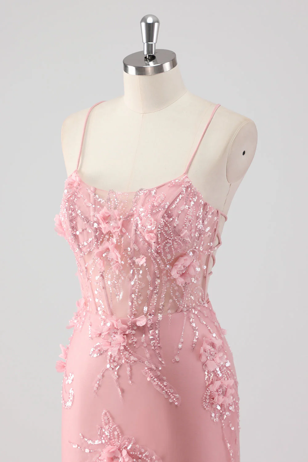 Robe de bal sirène longue en tulle bleu bustier à bretelles fines avec fleurs en relief - Image 21