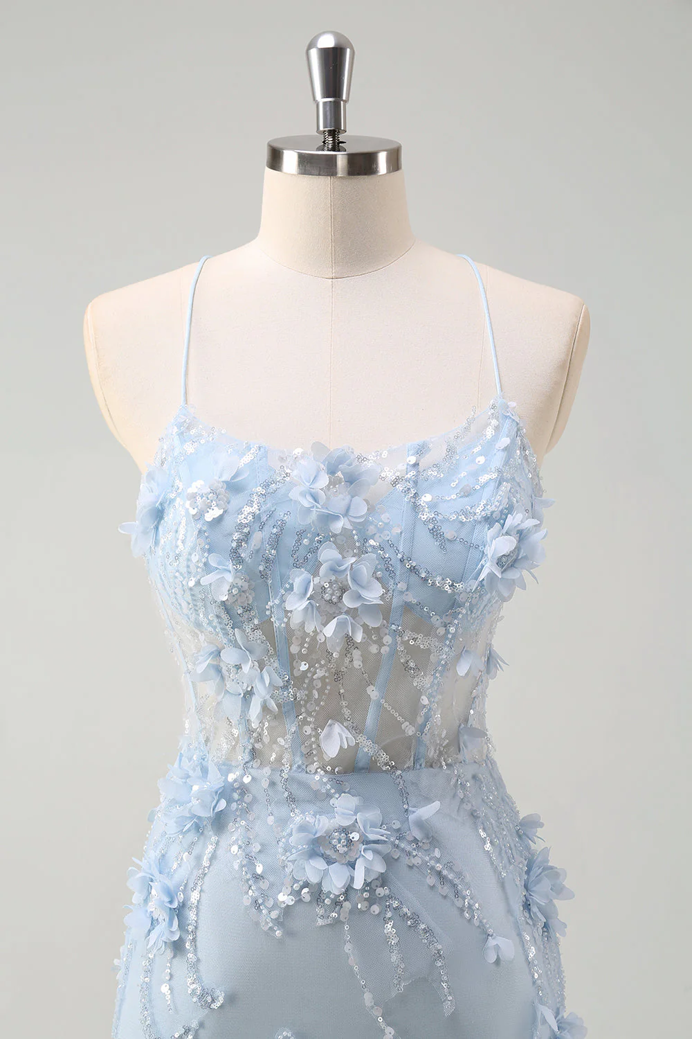 Robe de bal sirène longue en tulle bleu bustier à bretelles fines avec fleurs en relief - Image 6