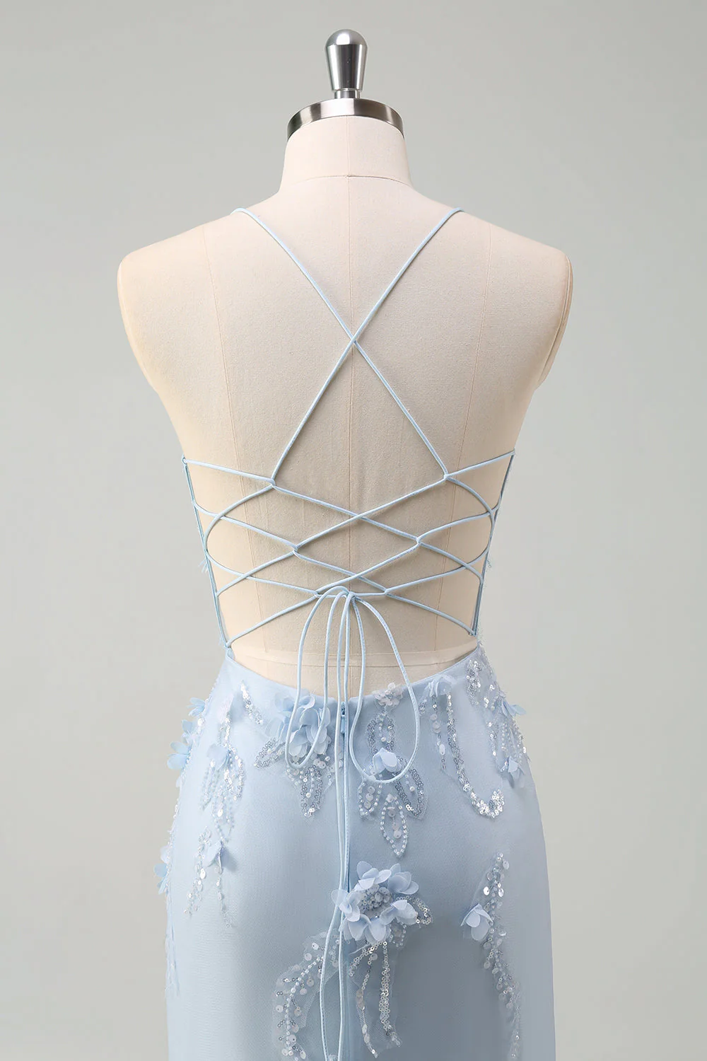 Robe de bal sirène longue en tulle bleu bustier à bretelles fines avec fleurs en relief - Image 7