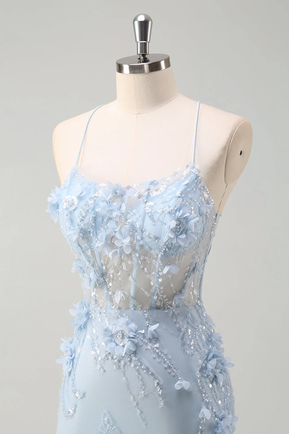 Robe de bal sirène longue en tulle bleu bustier à bretelles fines avec fleurs en relief - Image 8