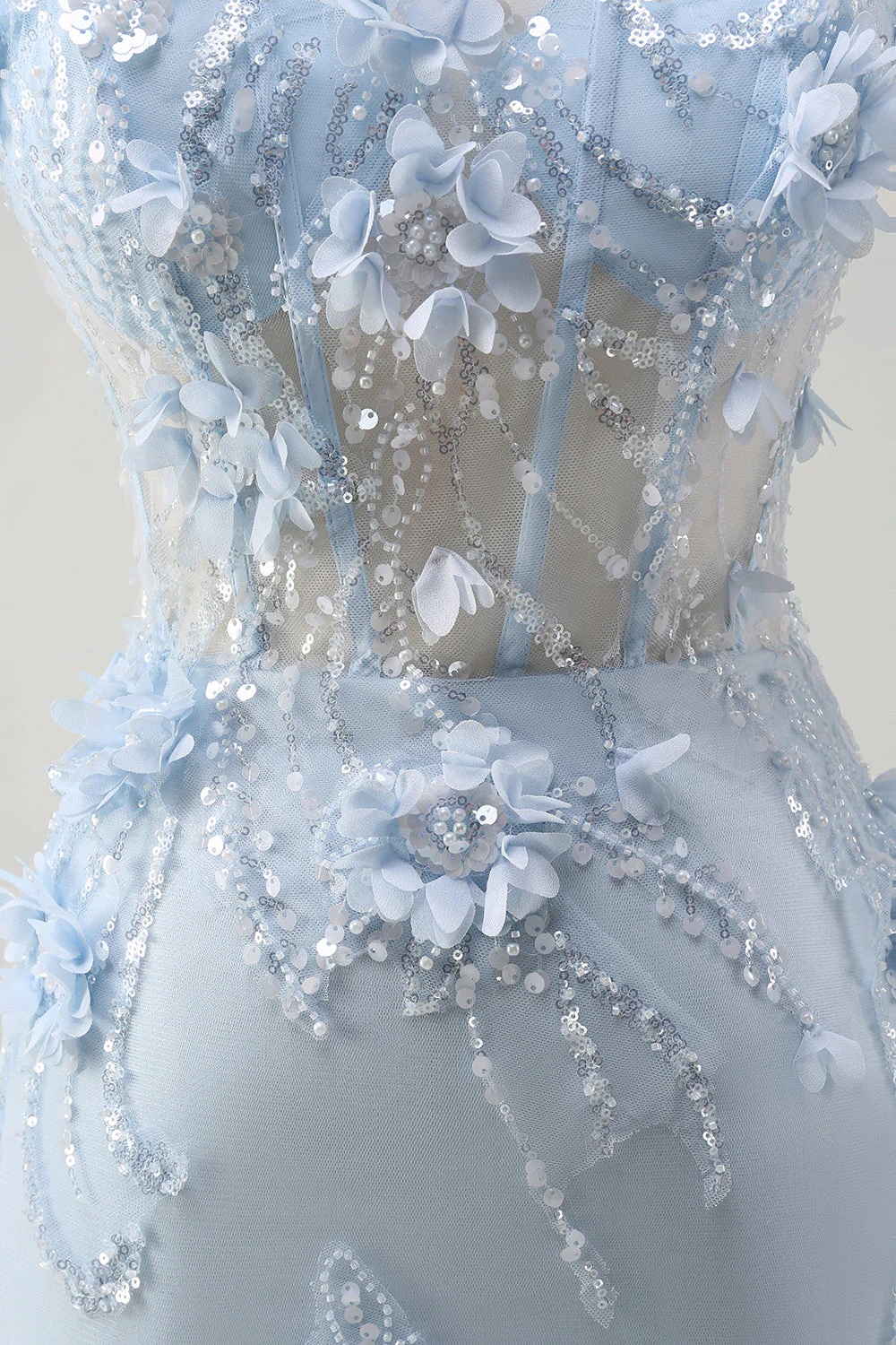 Robe de bal sirène longue en tulle bleu bustier à bretelles fines avec fleurs en relief - Image 9