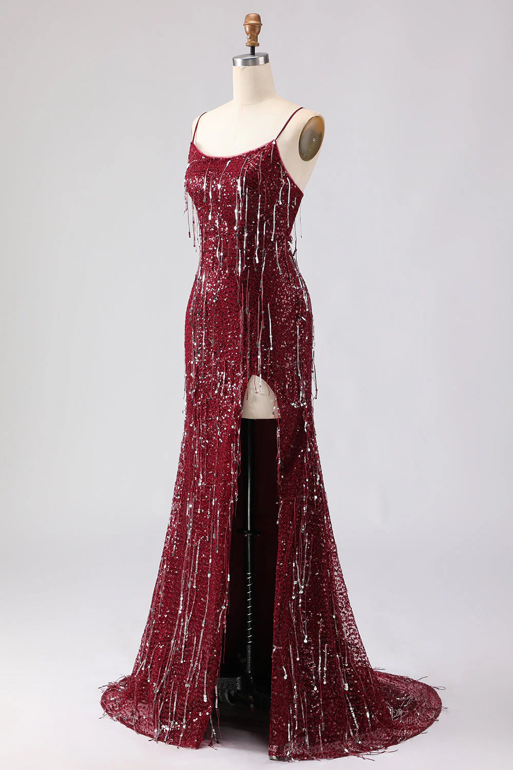 Robe de soirée sirène longue bourgogne scintillante à paillettes et dos en lacet avec fente - Image 3