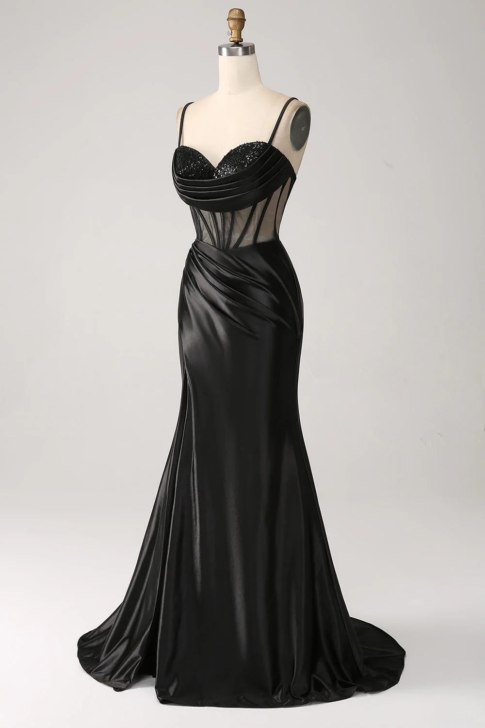 Sirène chérie robe longue longue en satin noir avec perles - Image 3