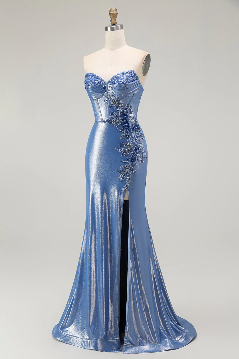 Sirène Corset Paillettes Sweetheart Robe de soirée bleue perlée avec fente - Image 3