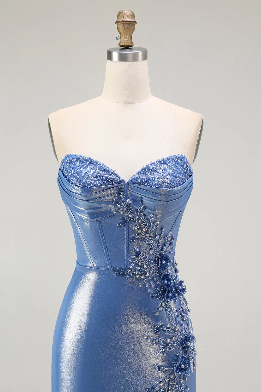 Sirène Corset Paillettes Sweetheart Robe de soirée bleue perlée avec fente - Image 4