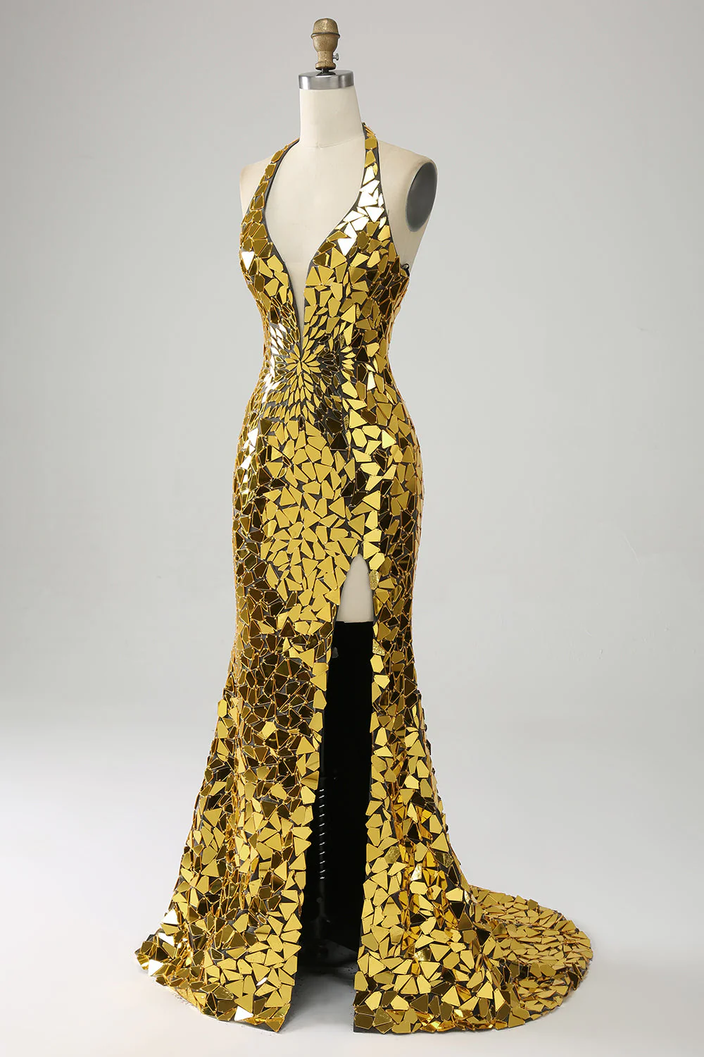 Sirène dorée licol col en V profond dos nu miroir robe de soirée avec fente haute - Image 3