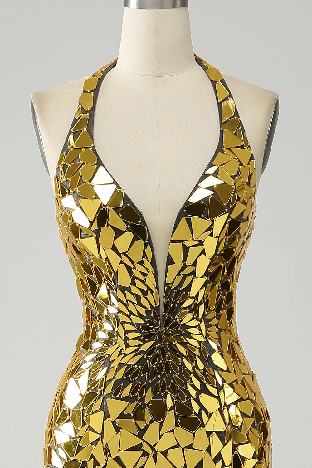 Sirène dorée licol col en V profond dos nu miroir robe de soirée avec fente haute - Image 4