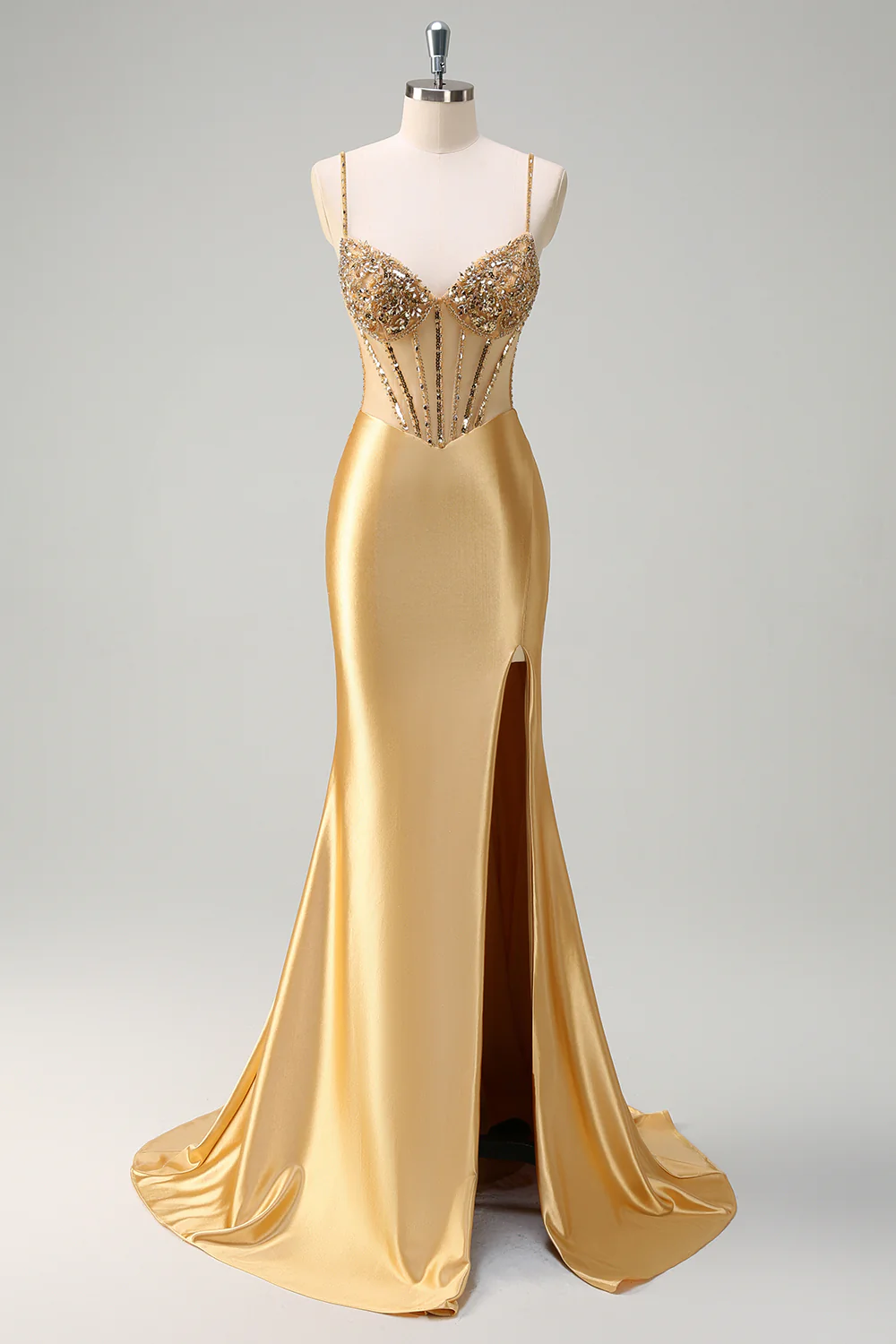 Robe de soirée longue sirène dorée scintillante à bretelles spaghetti avec corset et fente
