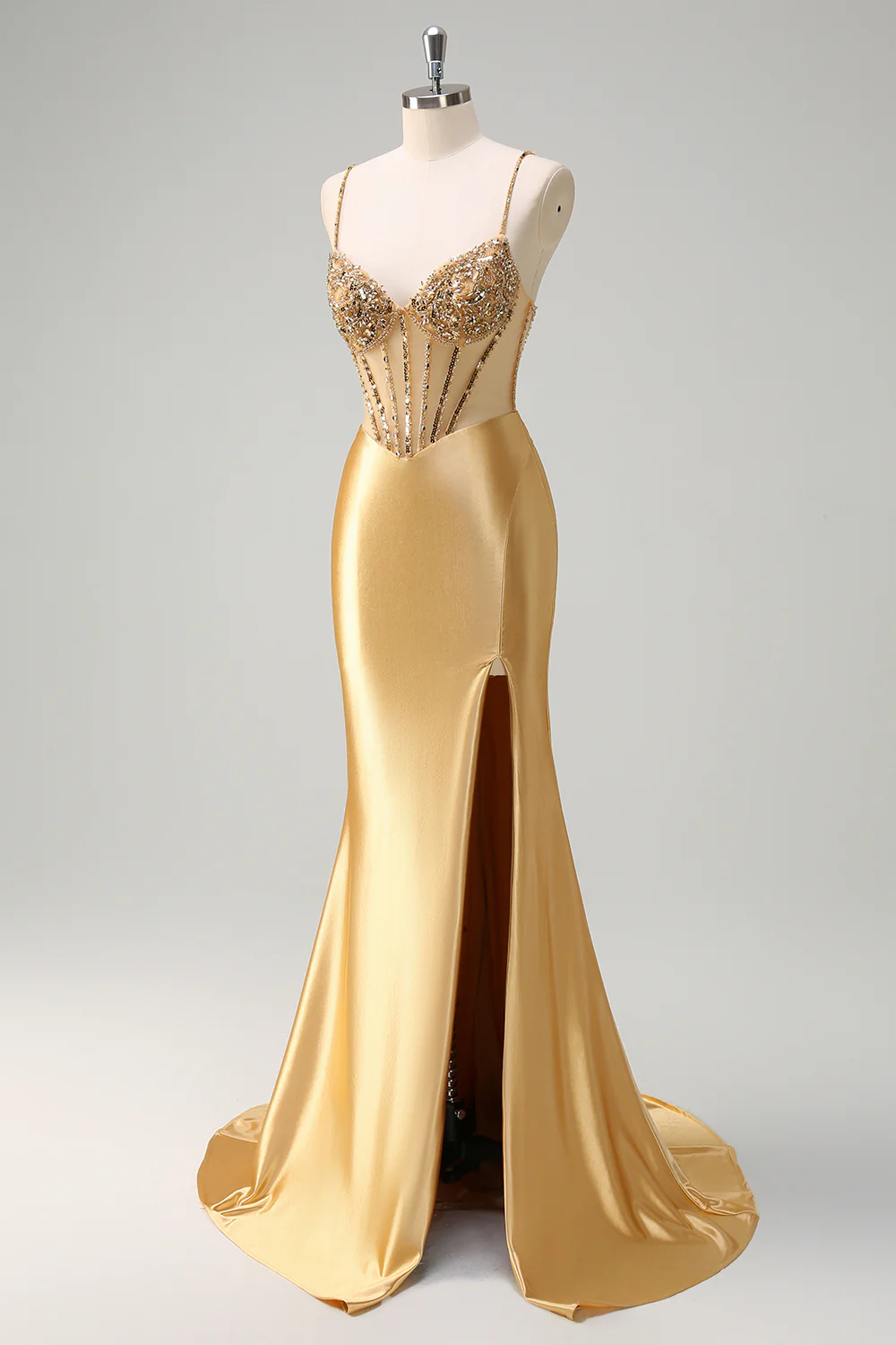 Robe de soirée longue sirène dorée scintillante à bretelles spaghetti avec corset et fente - Image 3