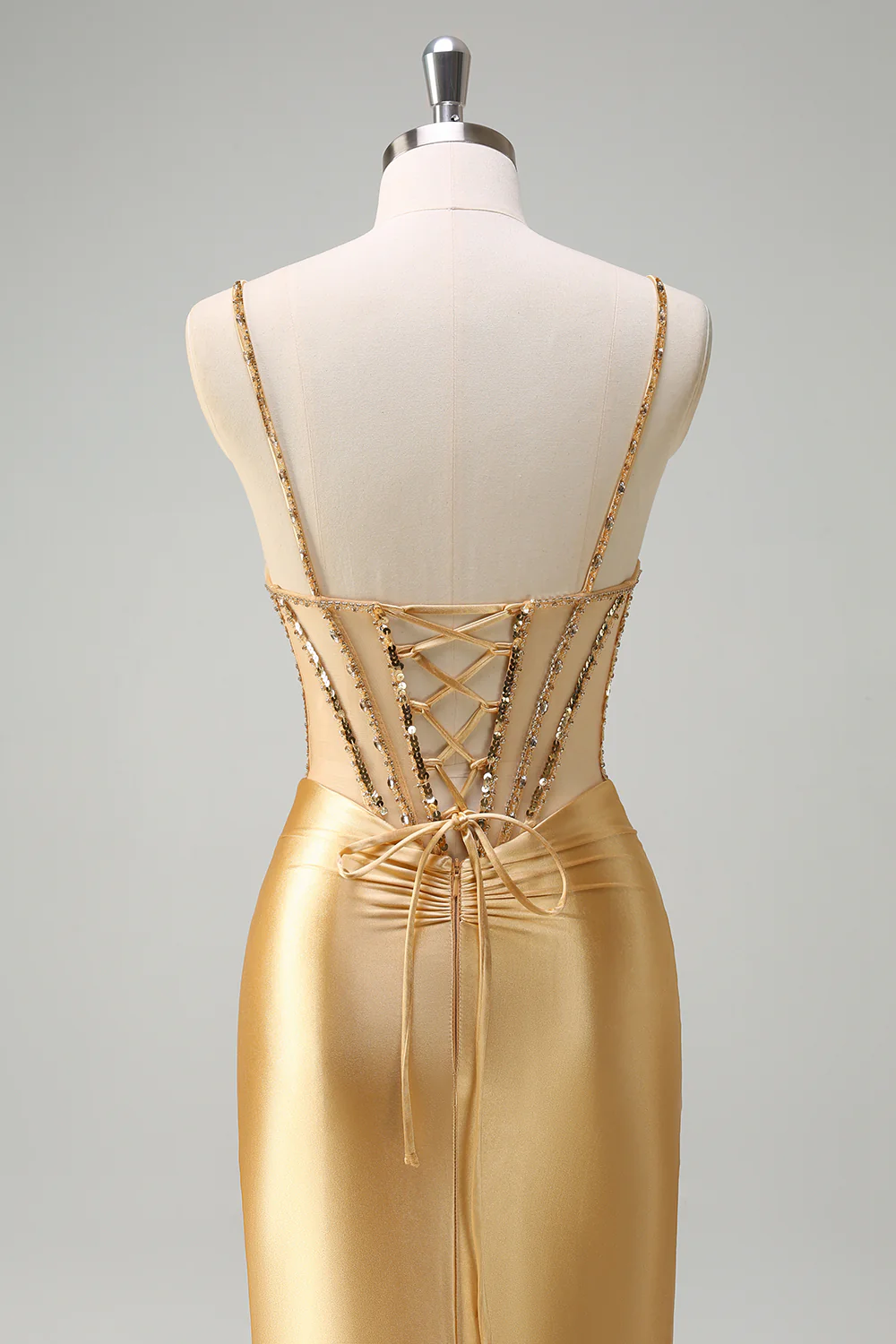 Robe de soirée longue sirène dorée scintillante à bretelles spaghetti avec corset et fente - Image 5