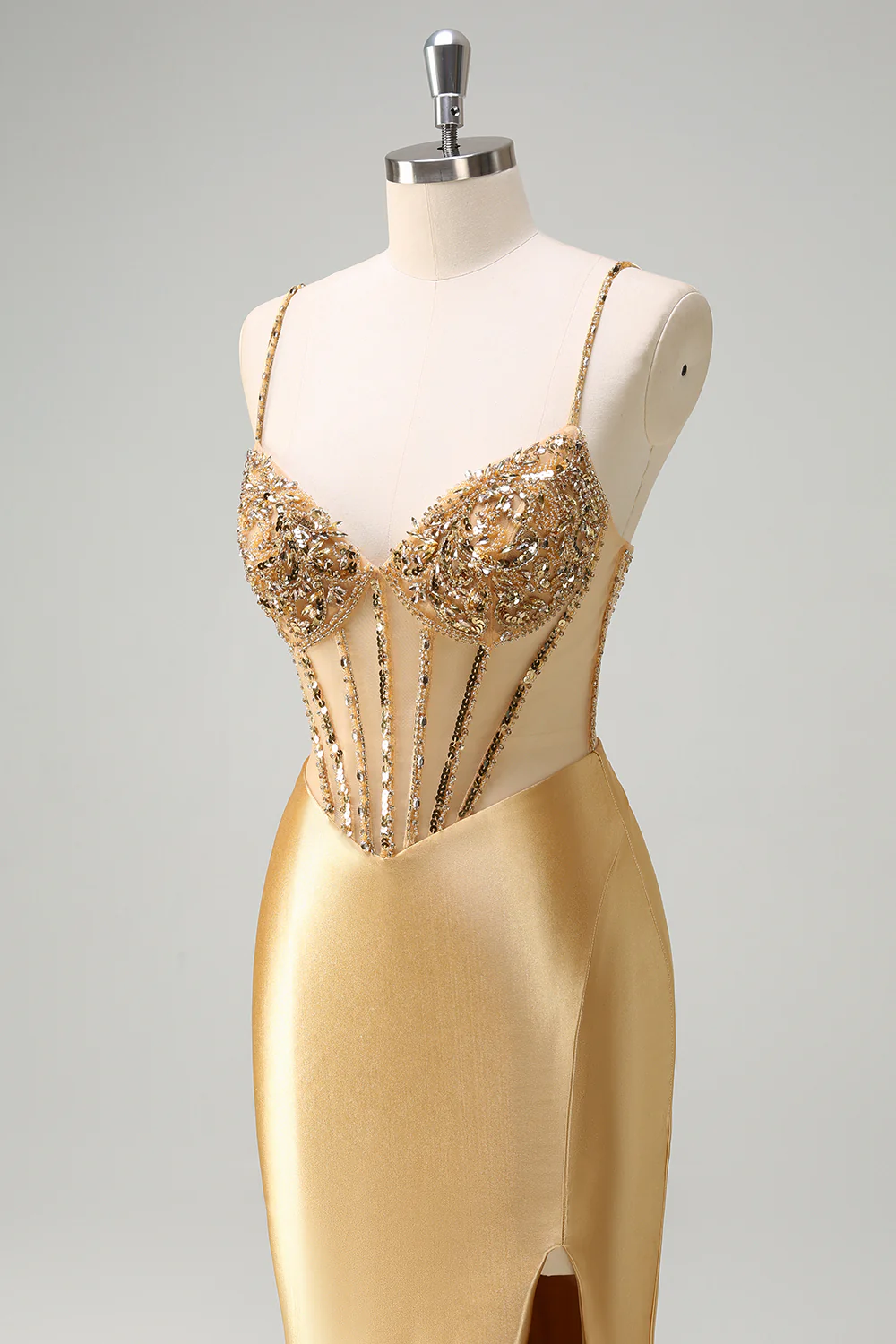 Robe de soirée longue sirène dorée scintillante à bretelles spaghetti avec corset et fente - Image 6
