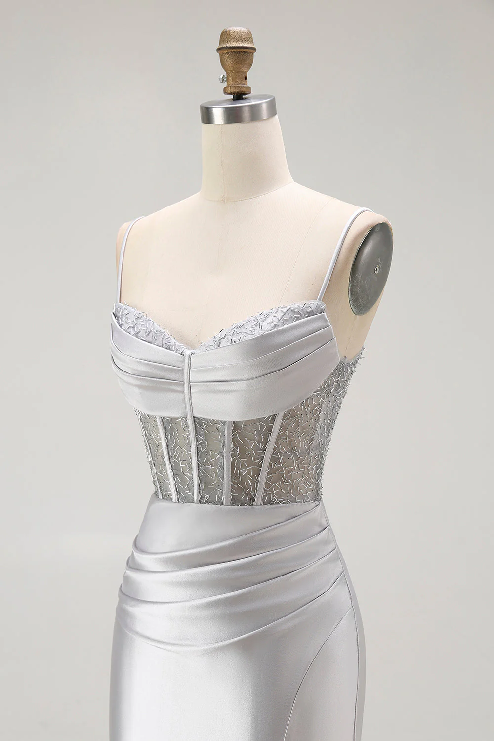 Sirène dorée Spaghetti bretelles Corset Robe de soirée longue plissée avec fente - Image 12