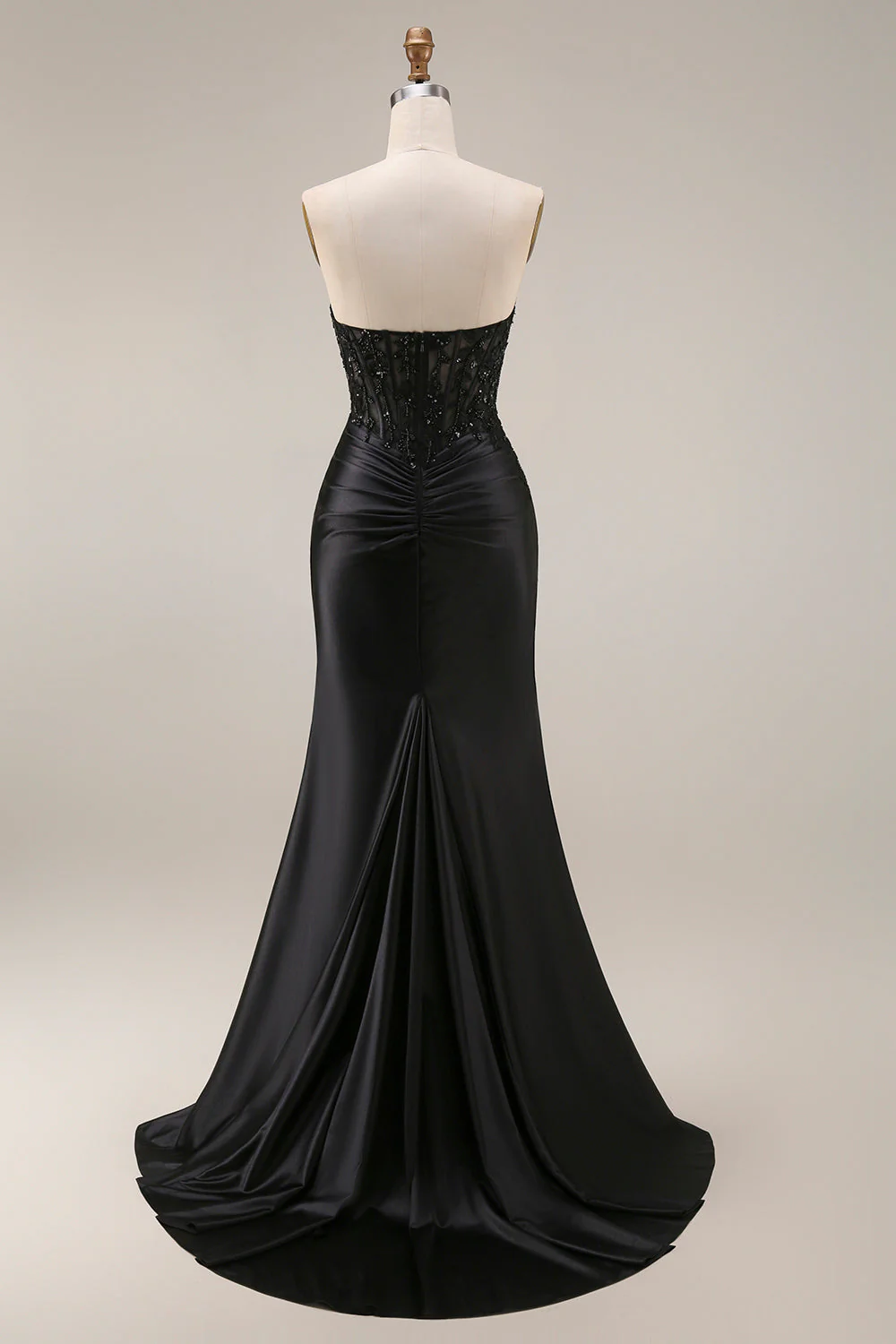 Robe de soirée longue noire satin sirène bustier transparent perlé avec fente - Image 2