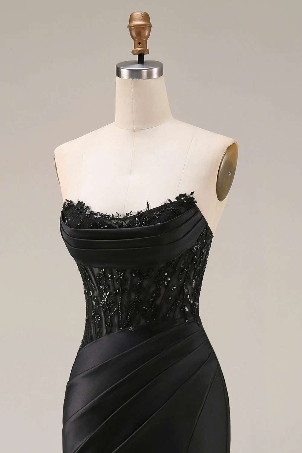 Robe de soirée longue noire satin sirène bustier transparent perlé avec fente - Image 6