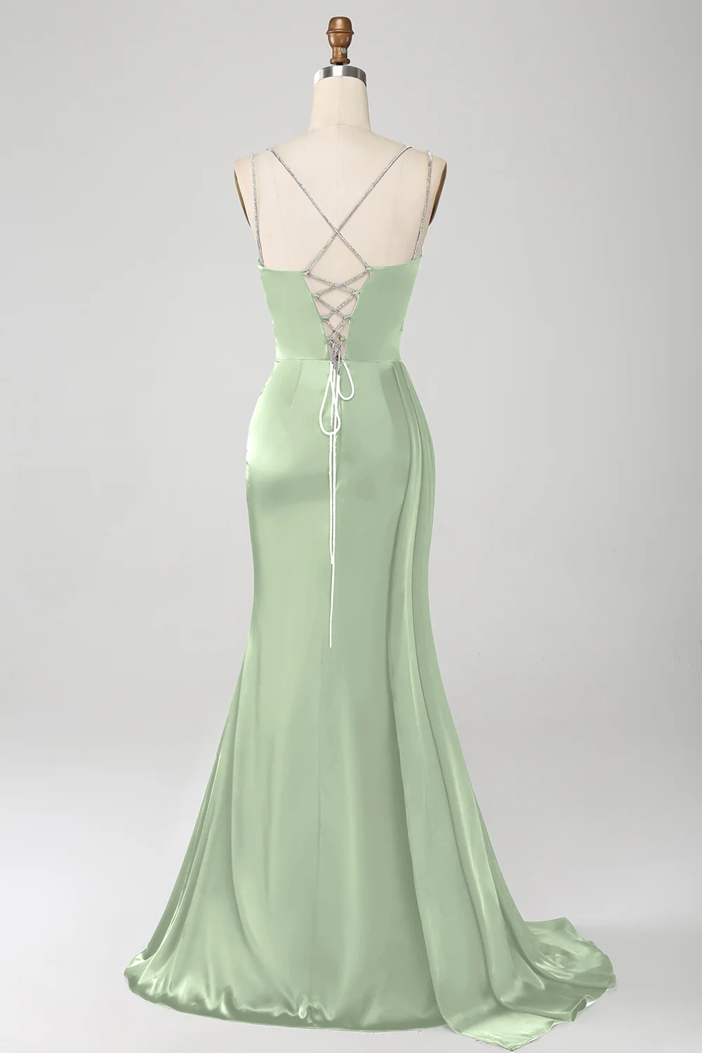 Sirène Eucalyptus bretelles spaghetti plissé Corset longue robe de soirée avec fente - Image 4