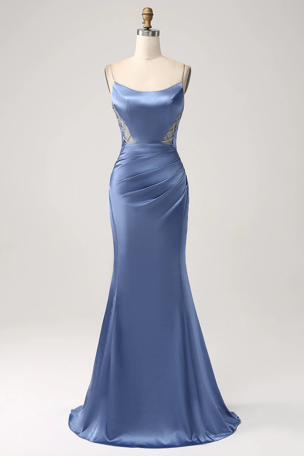 Sirène gris bleu Satin Spaghetti Bretelles Longue robe de Soirée