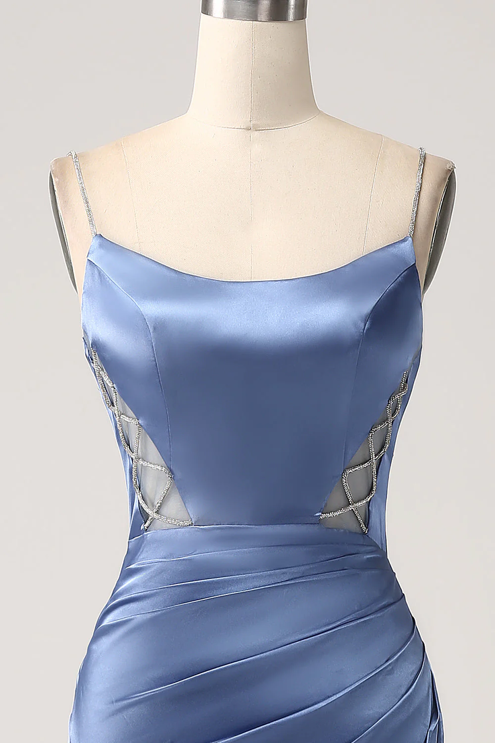 Sirène gris bleu Satin Spaghetti Bretelles Longue robe de Soirée - Image 4