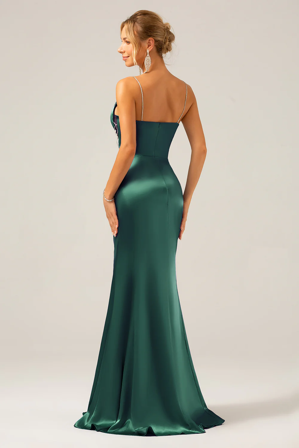 Sirène Gris Bleu Satin Spaghetti Bretelles Robe Maxi Plissée - Image 14