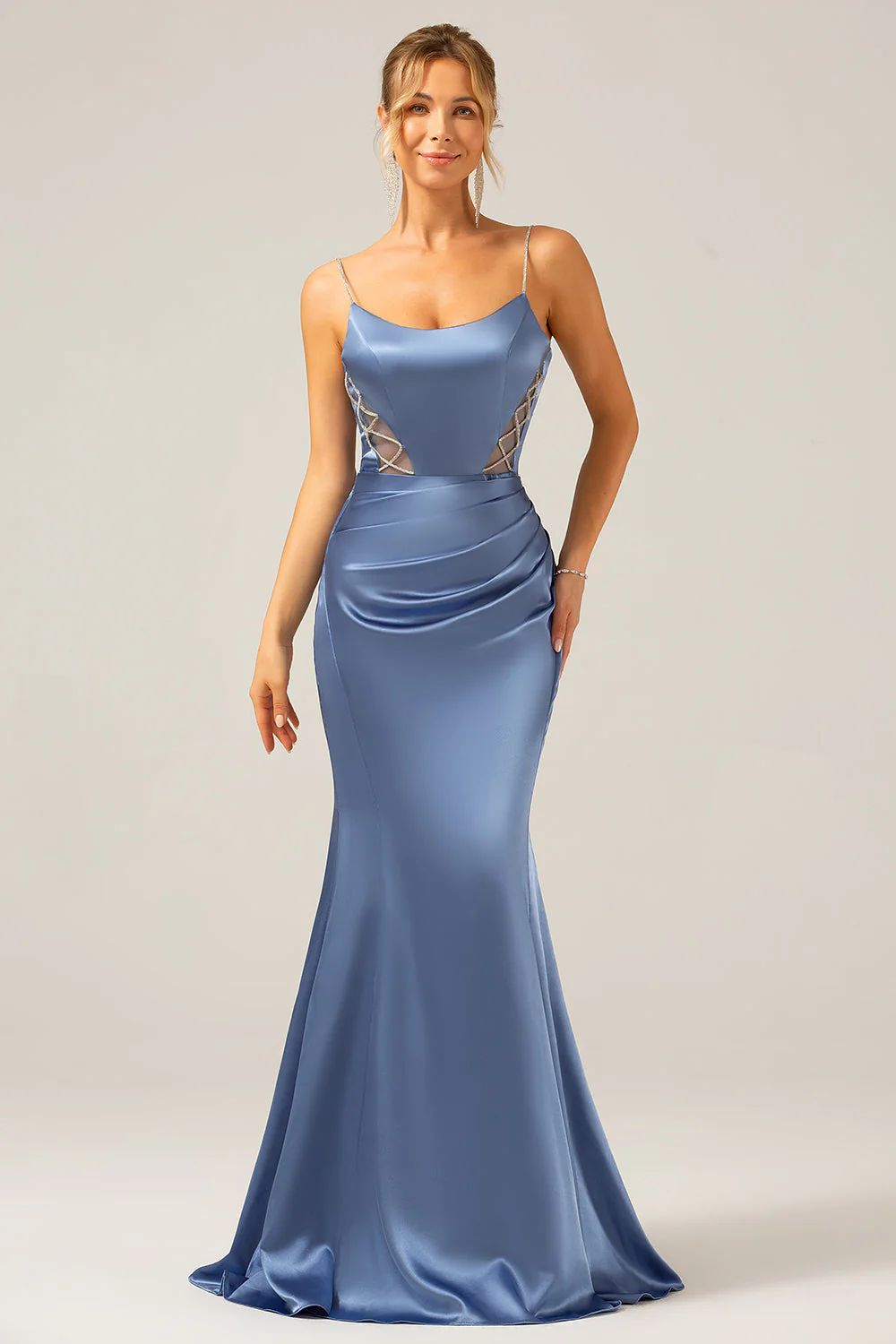 Sirène Gris Bleu Satin Spaghetti Bretelles Robe Maxi Plissée - Image 4