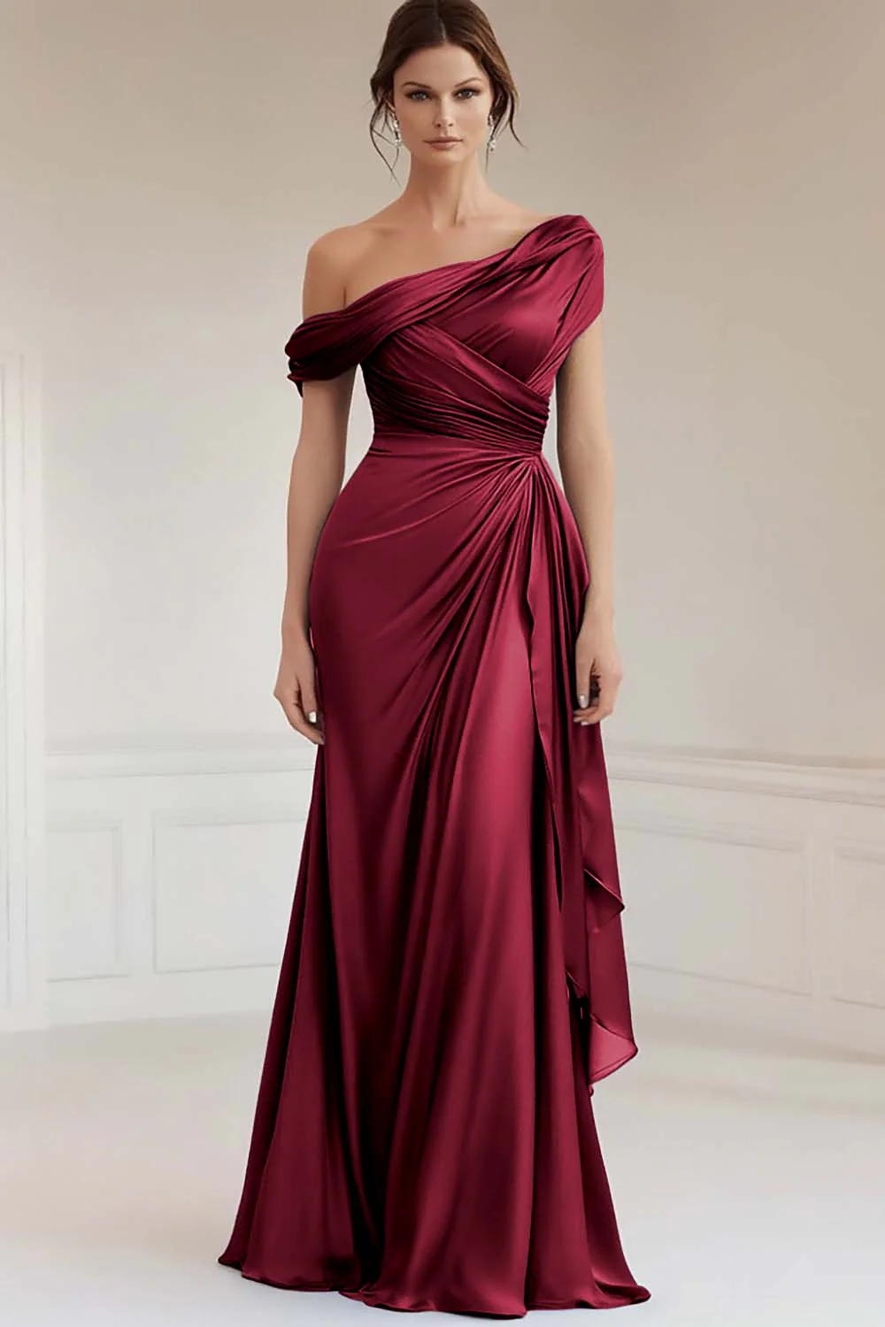 Sirène gris bleu une épaule Satin froncé Mère de la mariée robe à volants - Image 11