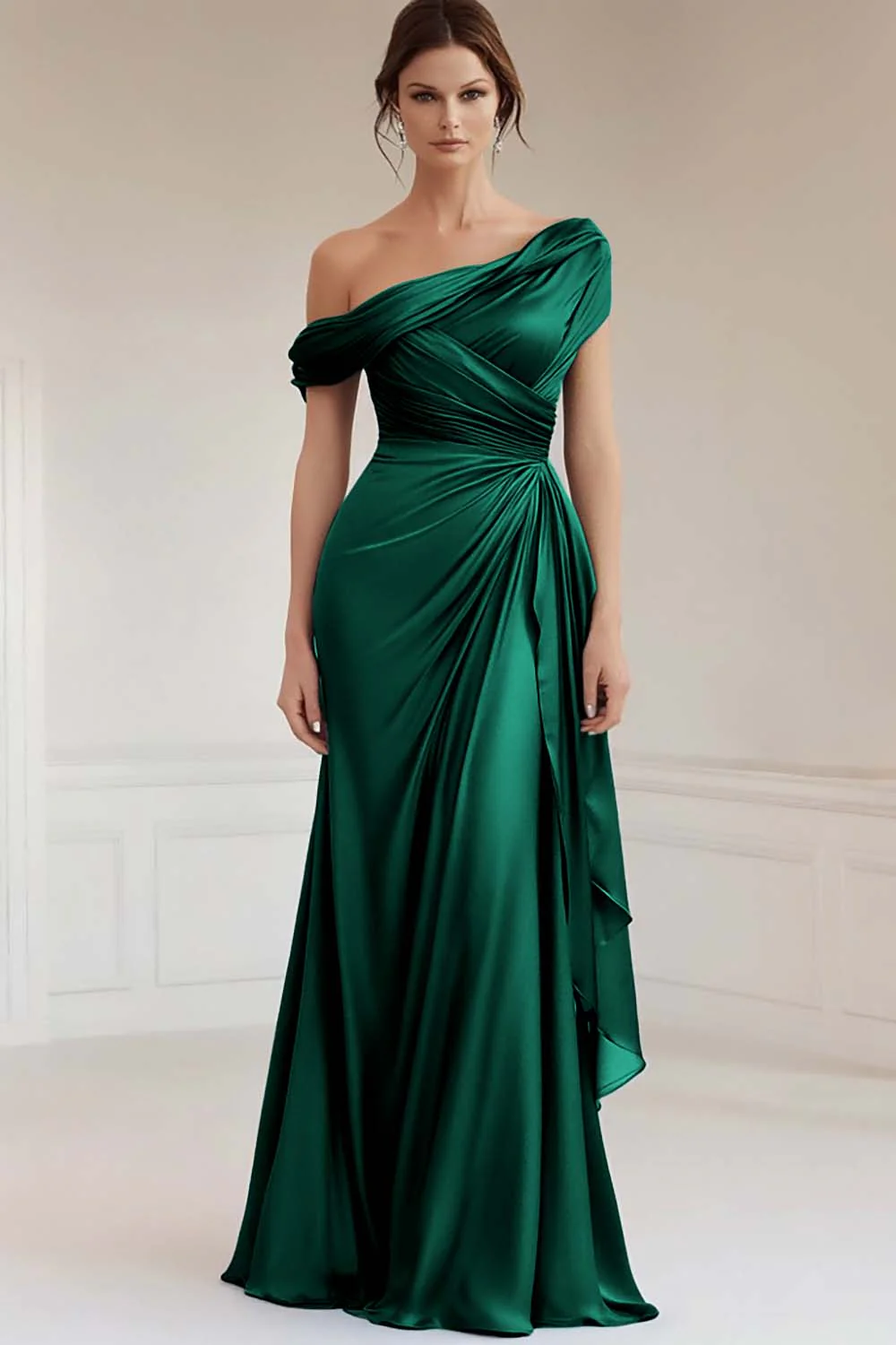 Sirène gris bleu une épaule Satin froncé Mère de la mariée robe à volants - Image 12