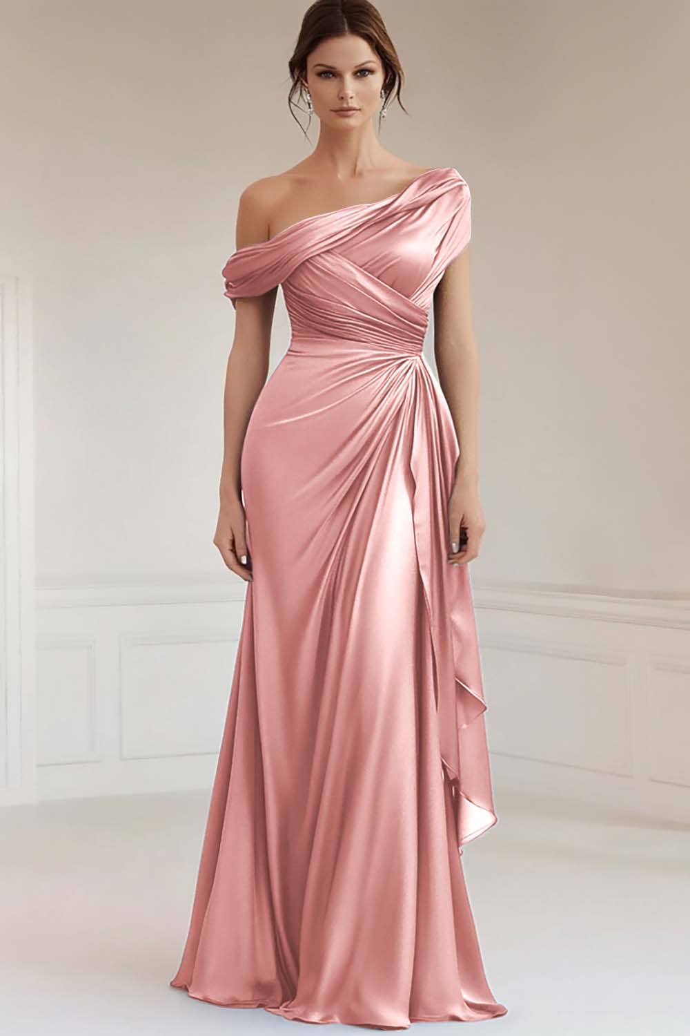 Sirène gris bleu une épaule Satin froncé Mère de la mariée robe à volants - Image 13