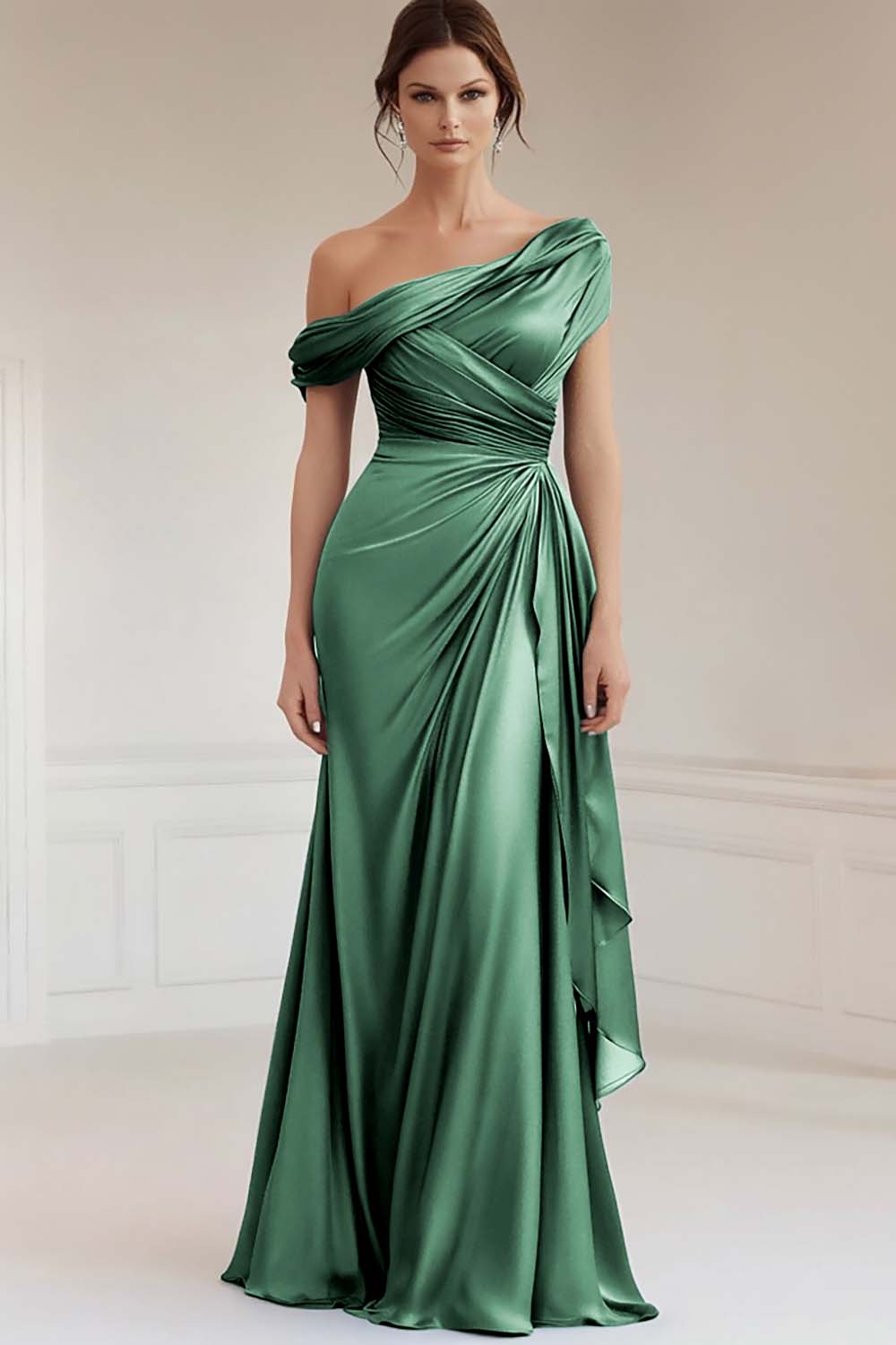 Sirène gris bleu une épaule Satin froncé Mère de la mariée robe à volants - Image 15