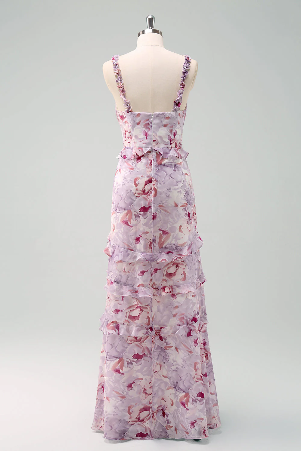 Sirène Gris Violet Spaghetti Bretelles Floral Longue Robe de demoiselle d’honneur - Image 2