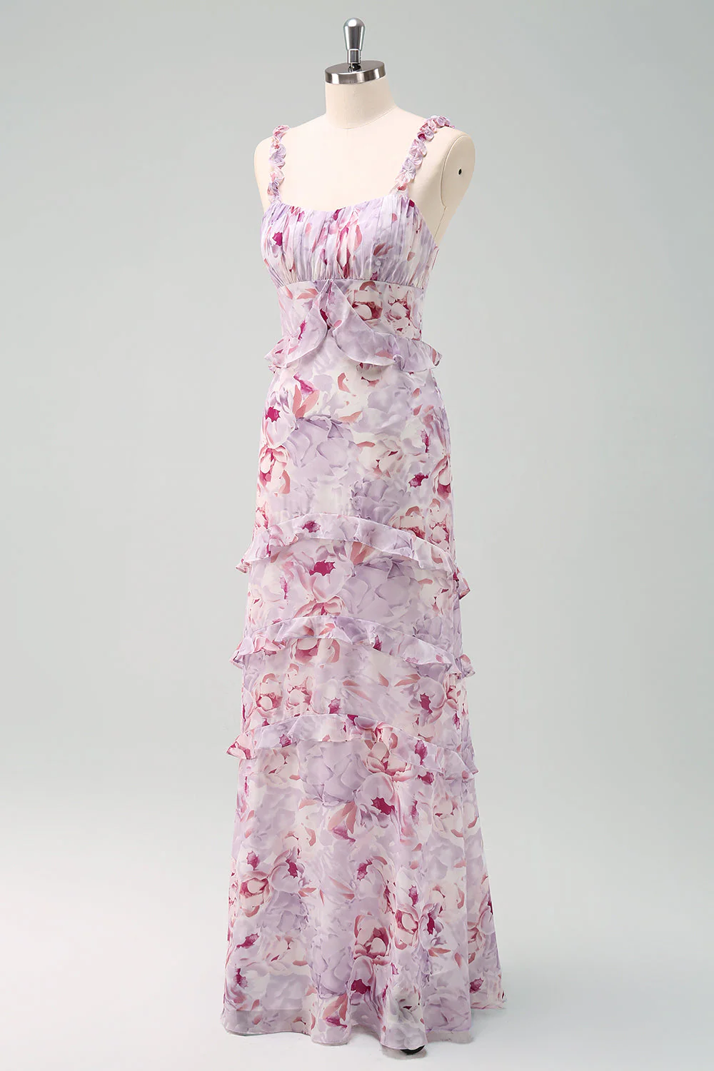 Sirène Gris Violet Spaghetti Bretelles Floral Longue Robe de demoiselle d’honneur - Image 3