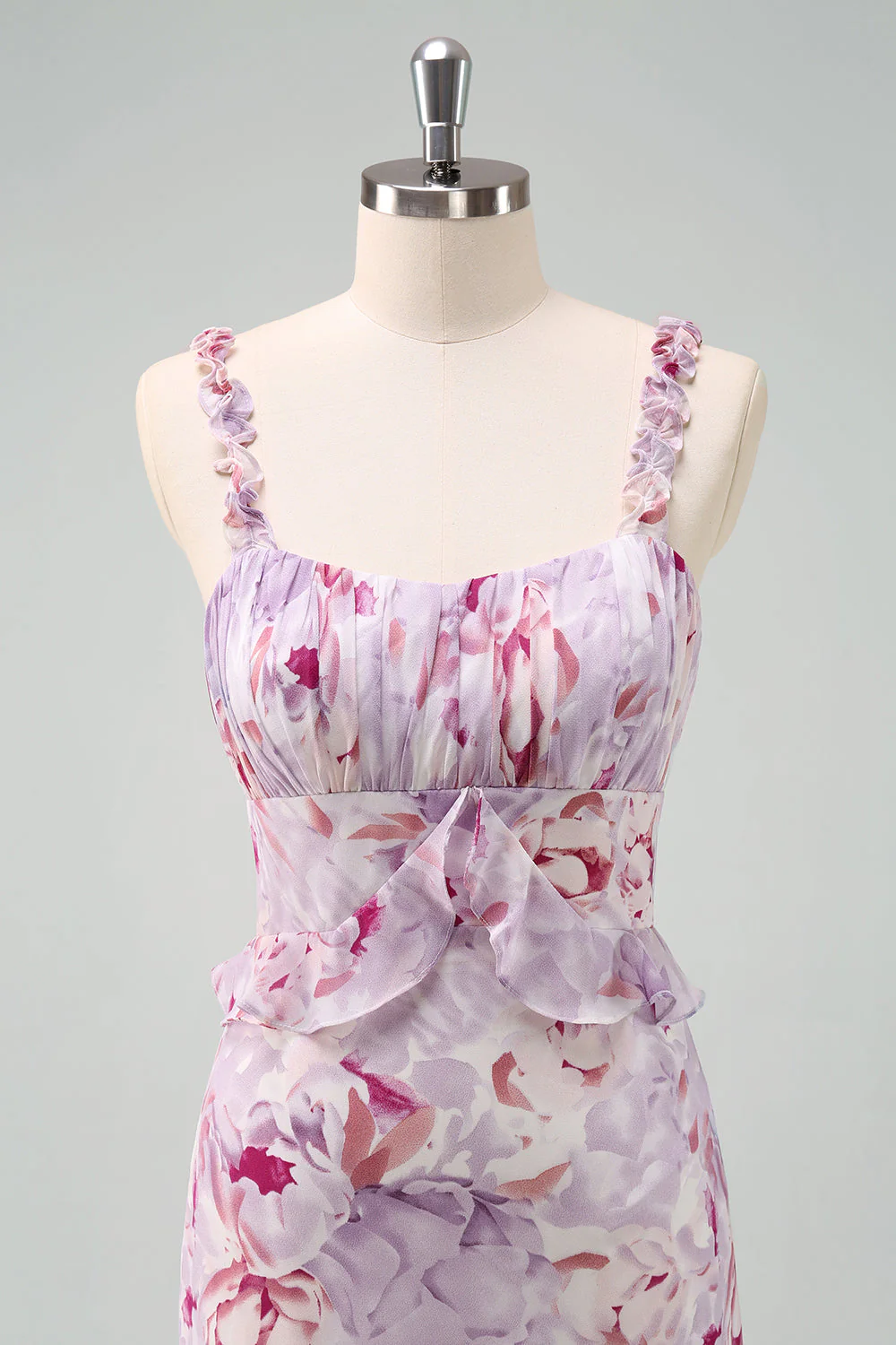 Sirène Gris Violet Spaghetti Bretelles Floral Longue Robe de demoiselle d’honneur - Image 4