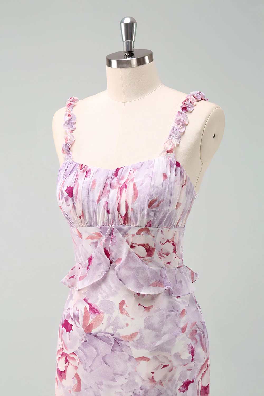 Sirène Gris Violet Spaghetti Bretelles Floral Longue Robe de demoiselle d’honneur - Image 6