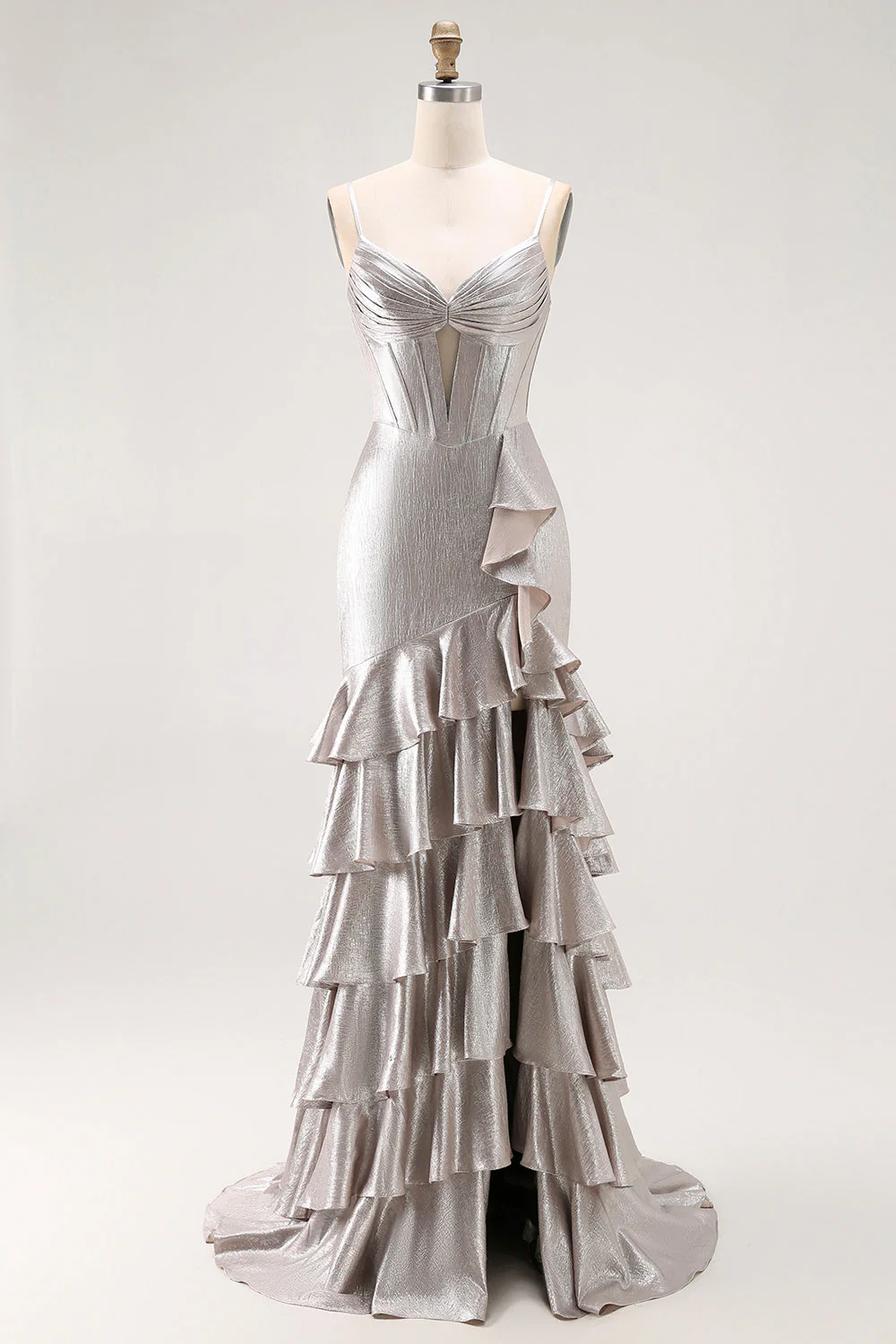 Sirène grise perlée Corset à plusieurs niveaux plissé longue robe de bal avec fente