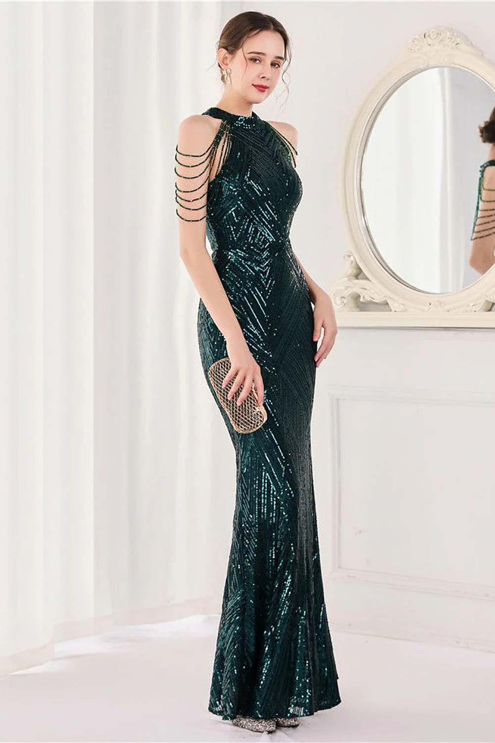 Sirène Halter Paillettes vert foncé Robe longue de bal - Image 4