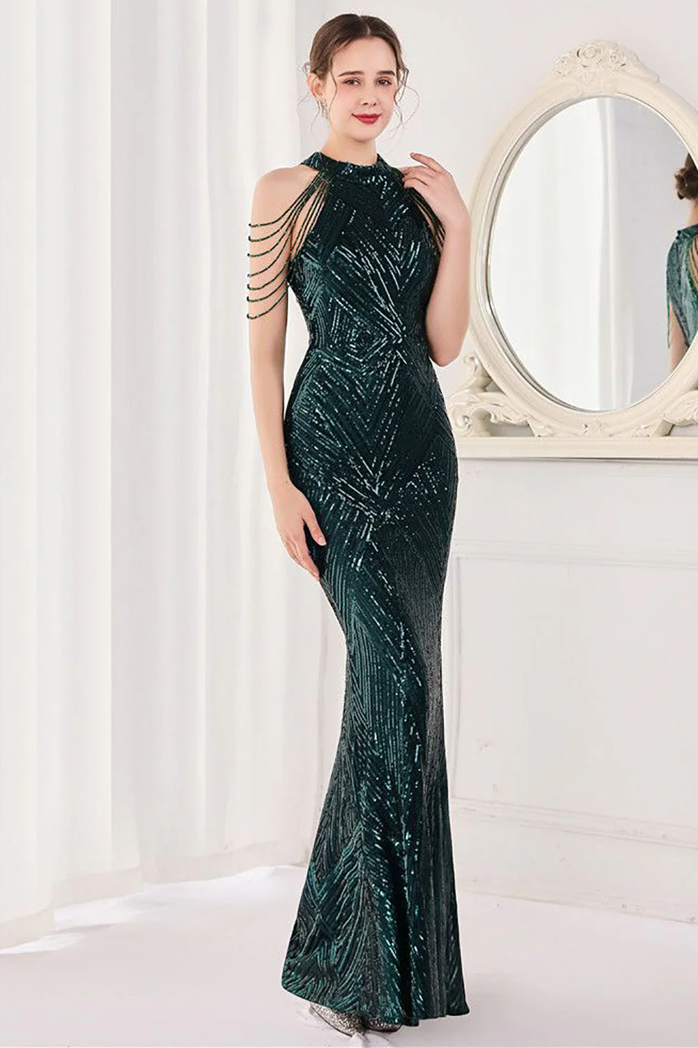 Sirène Halter Paillettes vert foncé Robe longue de bal - Image 5