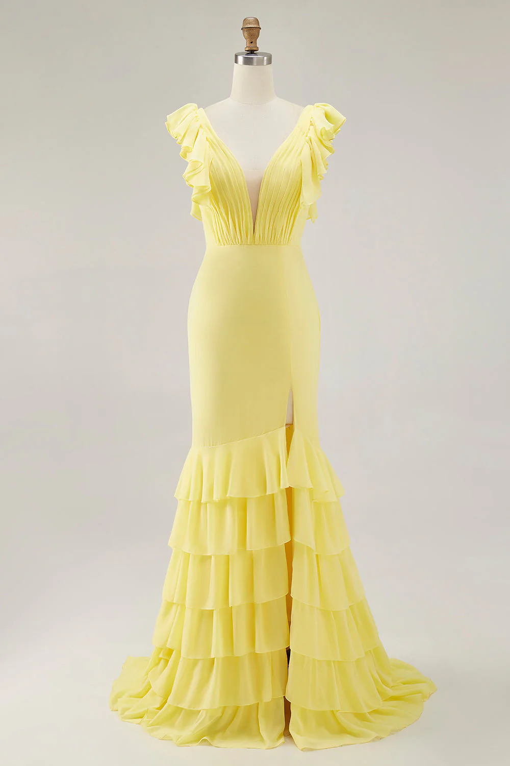 Robe formelle sirène jaune à volants à col en V avec fente - Image 3