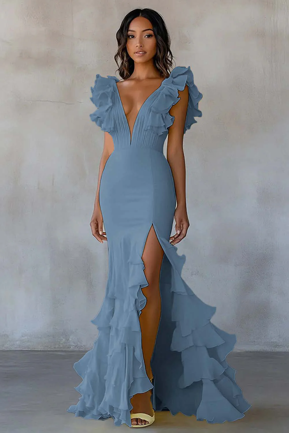 Sirène jaune Robe longue formelle à plusieurs niveaux avec fente à volants - Image 13