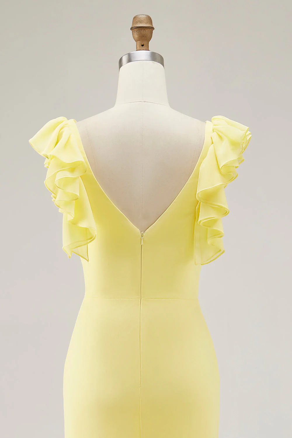 Robe formelle sirène jaune à volants à col en V avec fente - Image 7