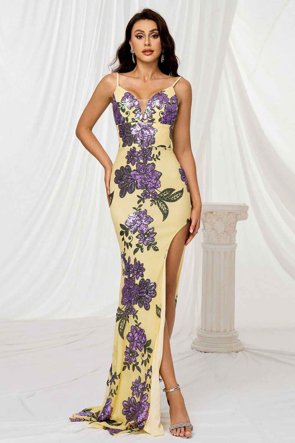 Sirène jaune spaghetti bretelles balayage traîne robe de bal floral - Image 5