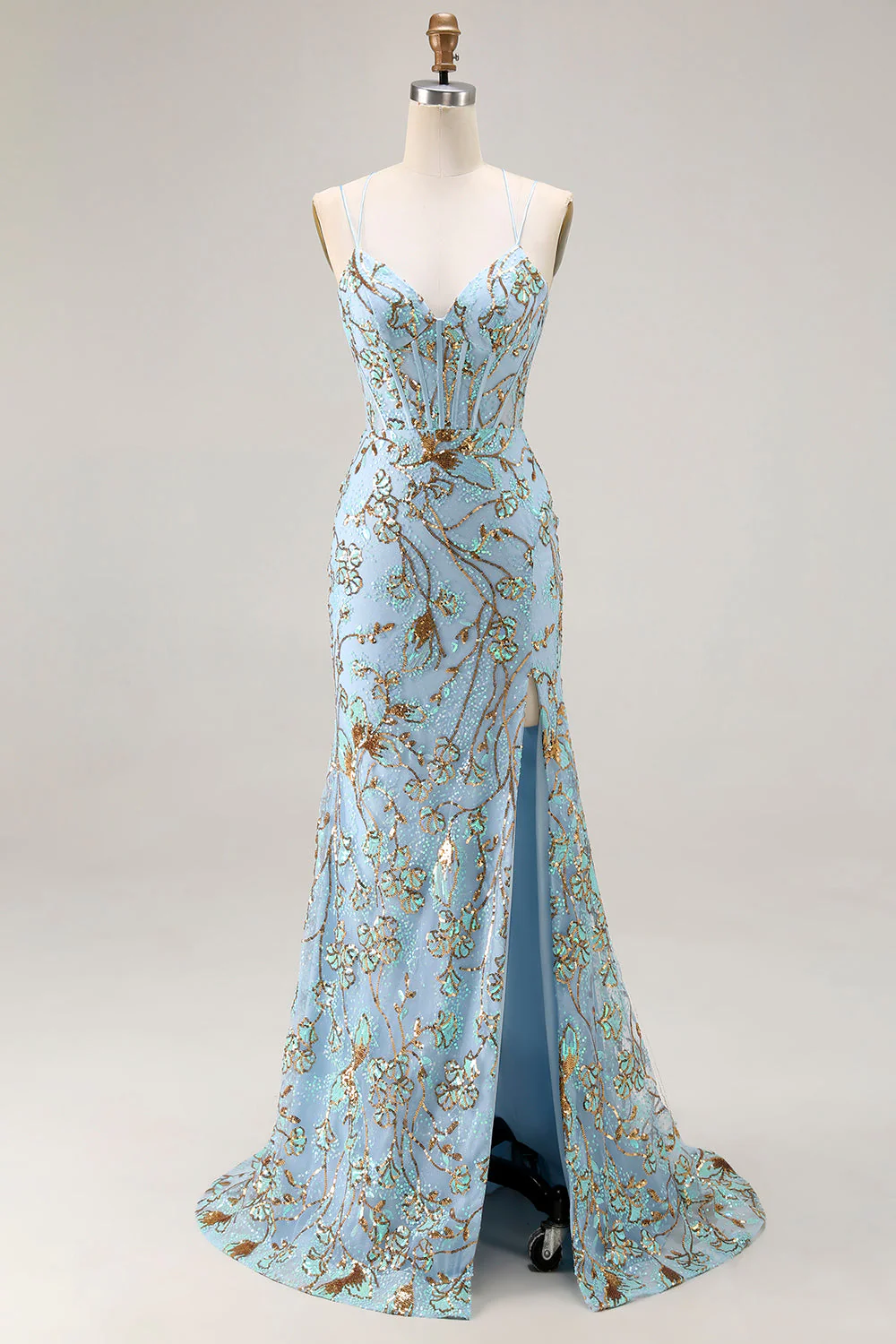 Robe de soirée longue sirène bleu lac à corset pailleté et laçage dos avec fente