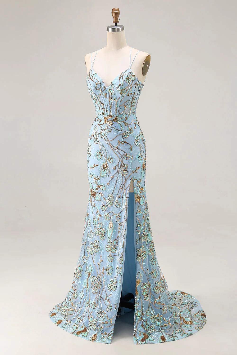Robe de soirée longue sirène bleu lac à corset pailleté et laçage dos avec fente - Image 3