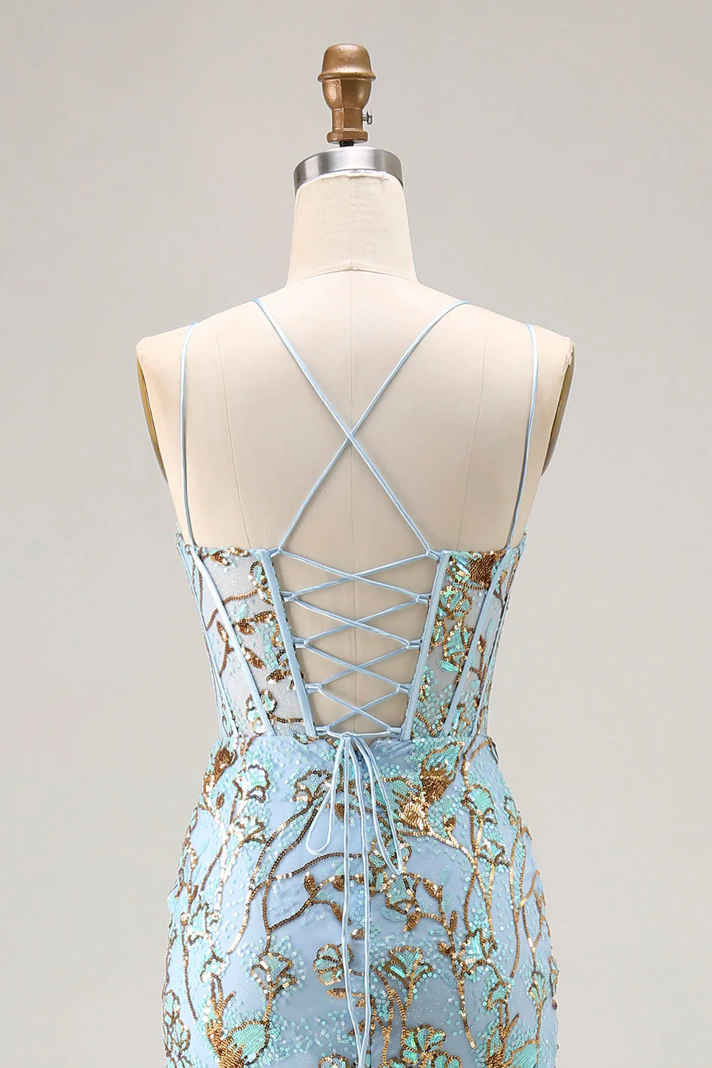 Robe de soirée longue sirène bleu lac à corset pailleté et laçage dos avec fente - Image 4