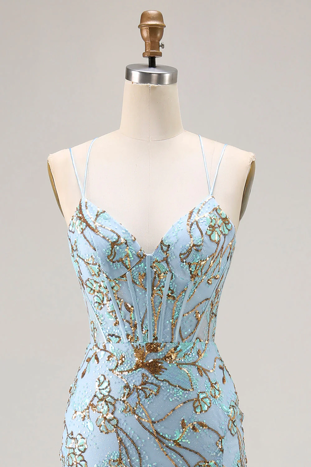 Robe de soirée longue sirène bleu lac à corset pailleté et laçage dos avec fente - Image 5