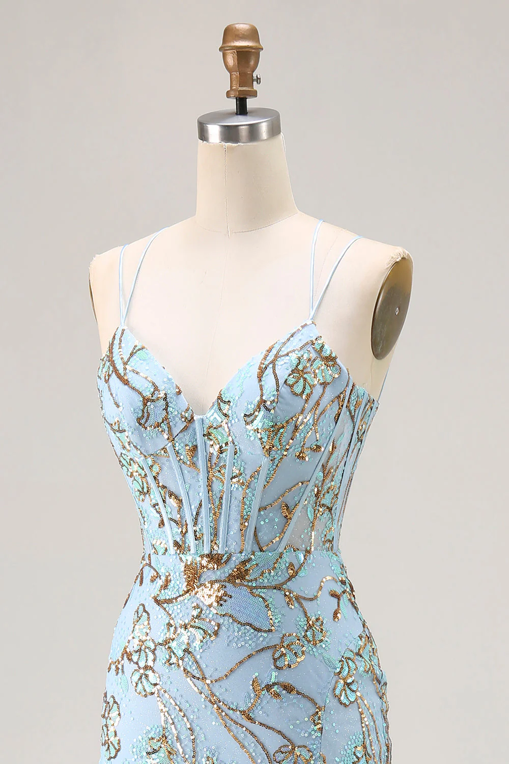 Robe de soirée longue sirène bleu lac à corset pailleté et laçage dos avec fente - Image 6