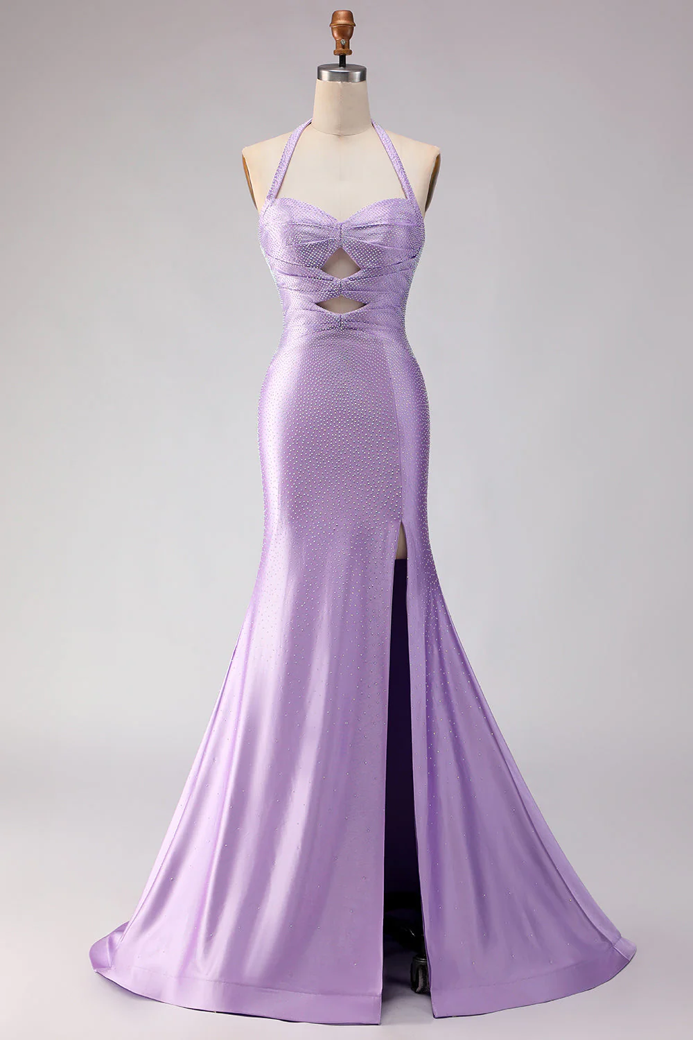 Sirène lilas aux perles découpée longue robe de bal avec fente