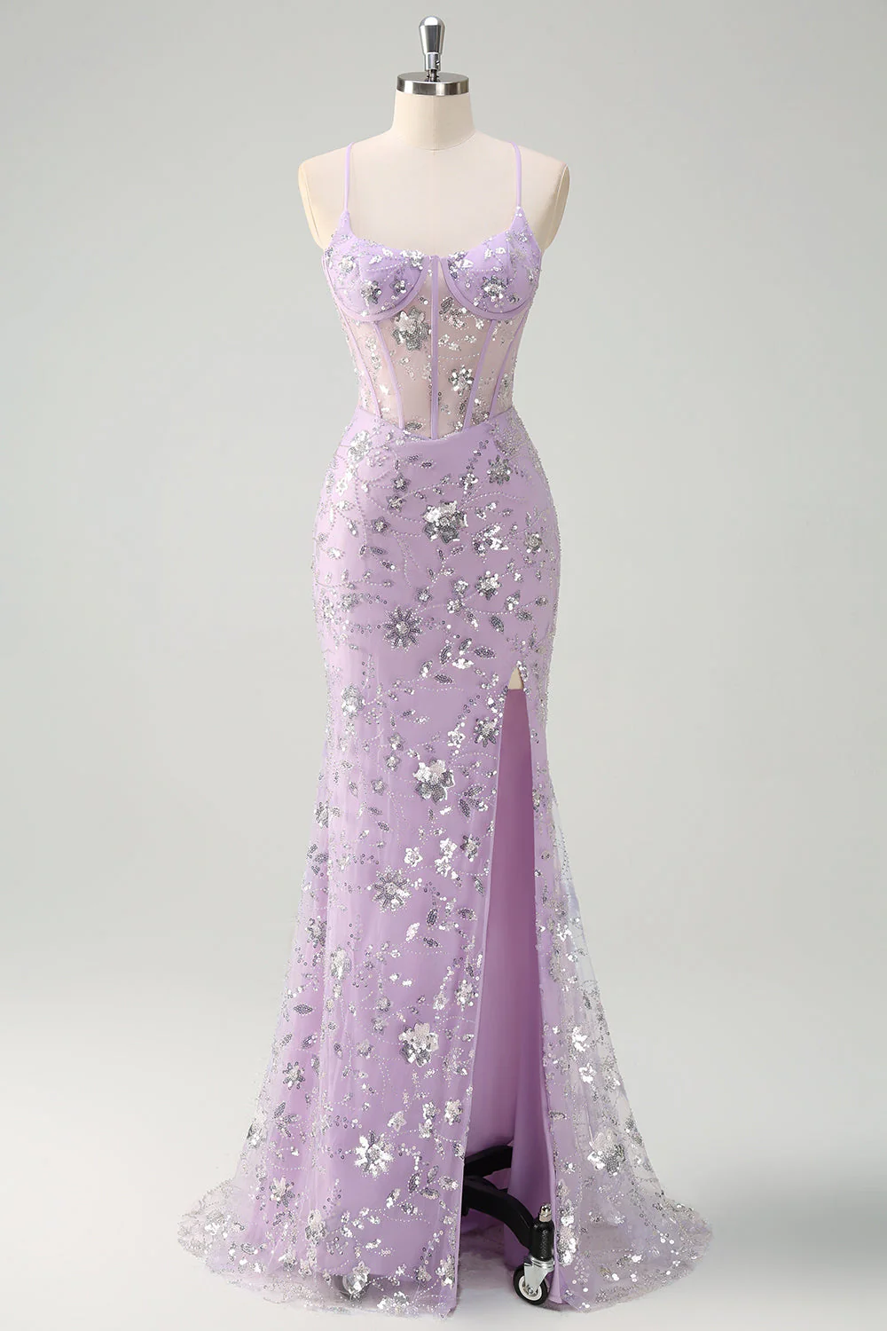 Sirène lilas Spaghetti Bretelles Corset Robe de Bal à Sequins avec Fente - Image 7