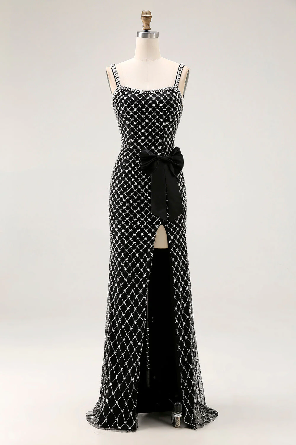 Robe de soirée sirène noire à bretelles fines perlées nœud latéral en strass avec fente - Image 3