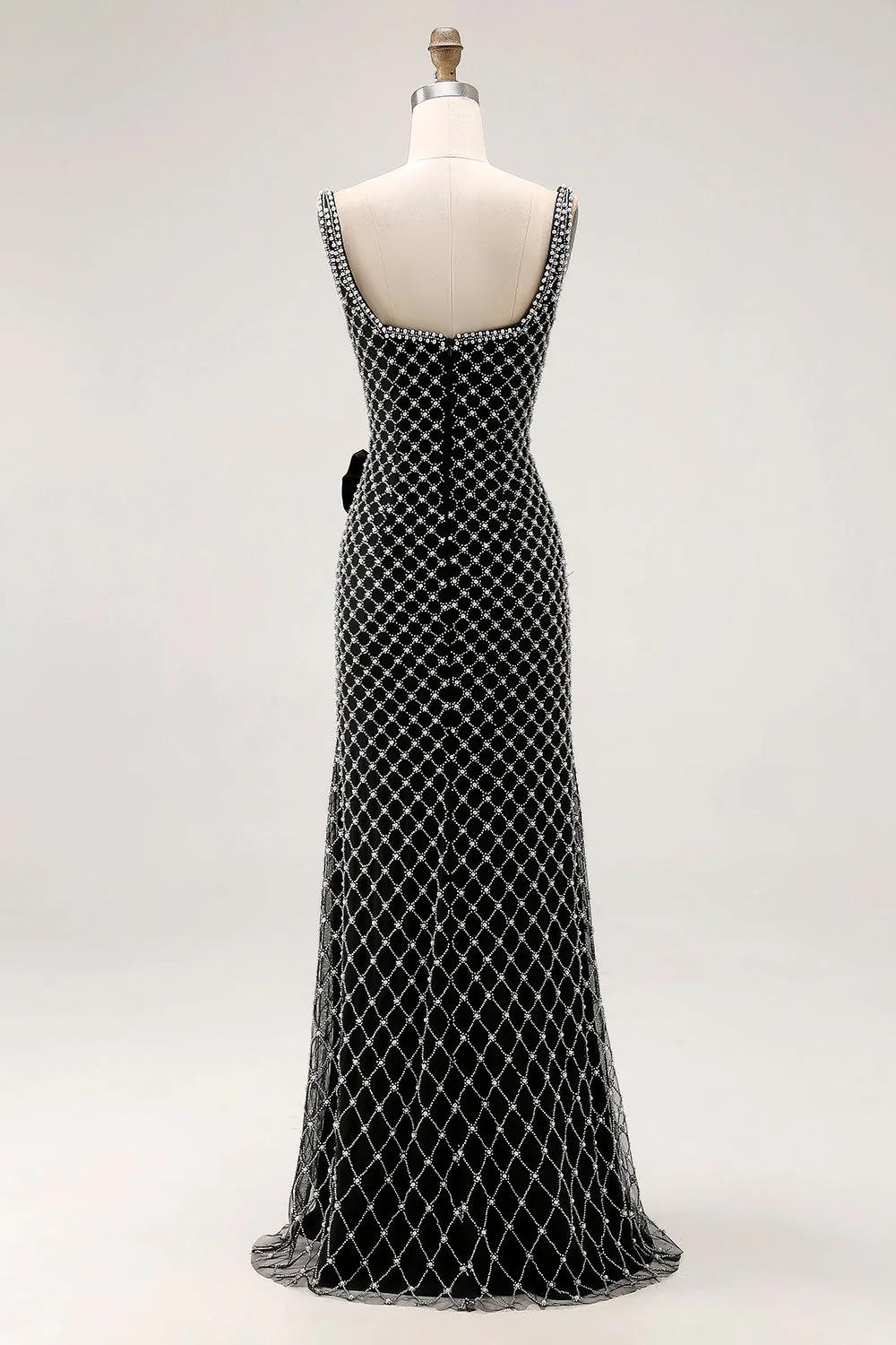 Robe de soirée sirène noire à bretelles fines perlées nœud latéral en strass avec fente - Image 4