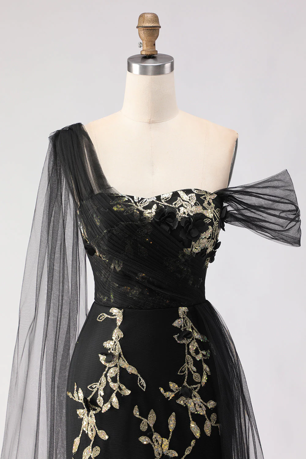 Sirène noire à paillettes 3D en fleurs à une épaule avec une longue robe de bal avec serpentin - Image 6